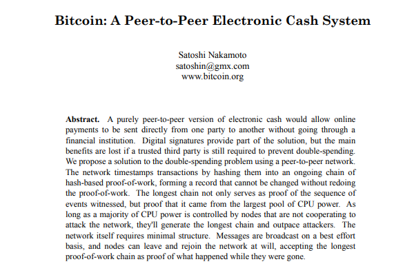Title, author line and abstract of the 2008 Bitcoin white paper
