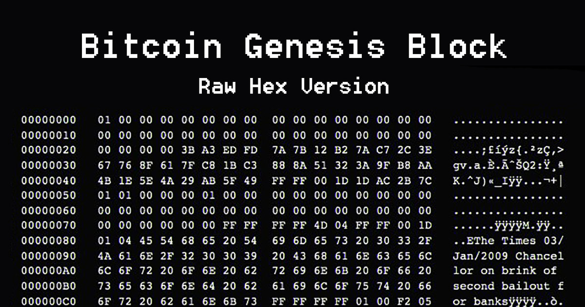 Raw hexadecimal data from Bitcoin's genesis block, including the Times newspaper headline embedded by Satoshi Nakamoto