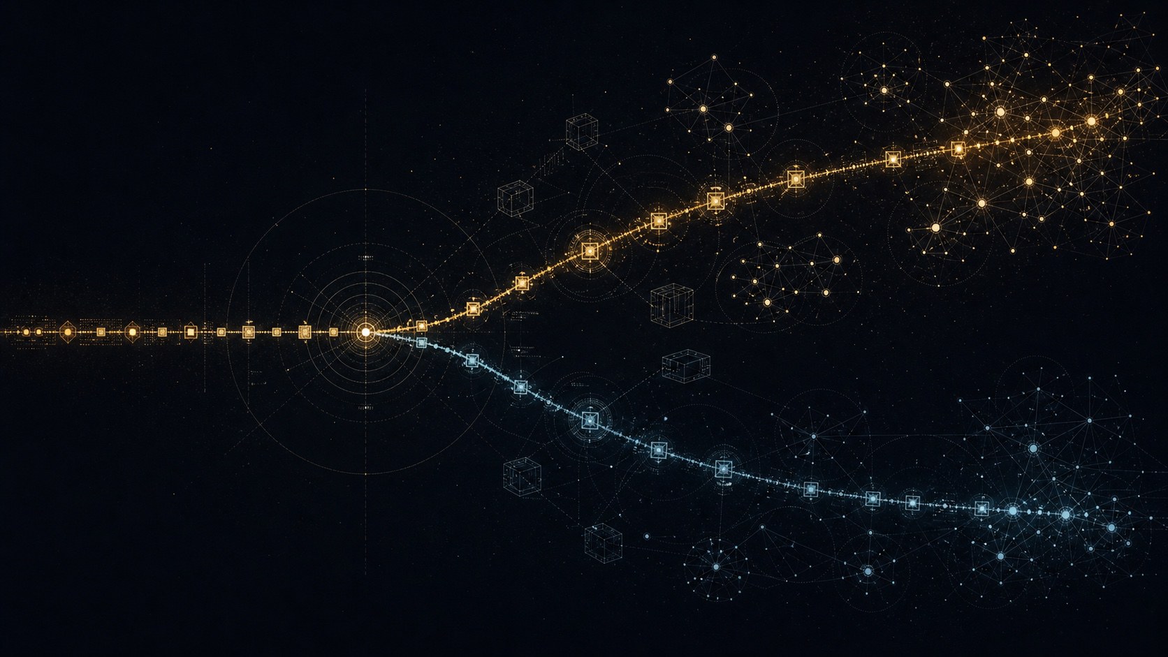 Editorial atlas showing one Bitcoin chain separating into gold and blue networks during a consensus dispute