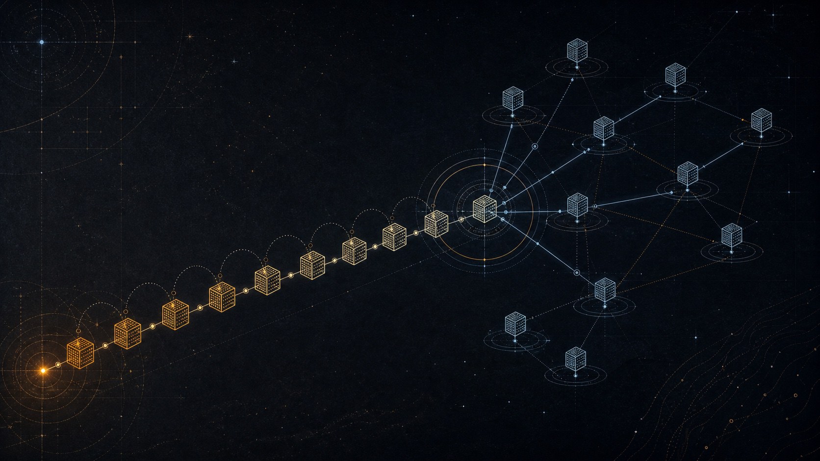Editorial atlas showing a gold sequence of linked Bitcoin blocks expanding into a blue peer-to-peer network