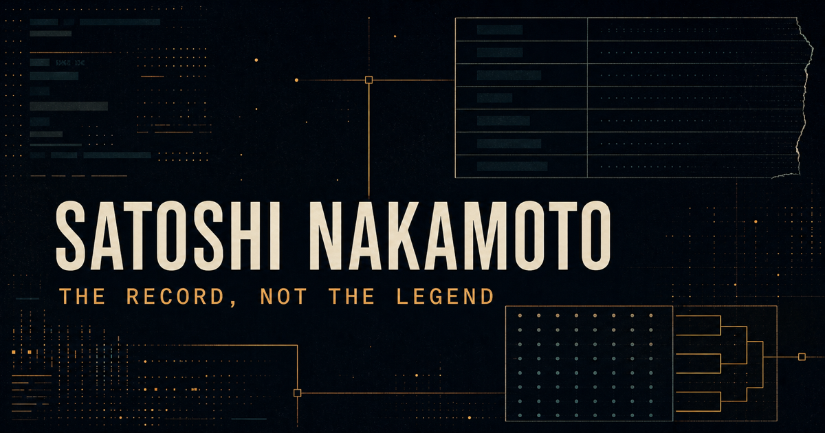 Editorial evidence collage reading Satoshi Nakamoto: The Record, Not the Legend, with abstract source-code, email and block-record fragments